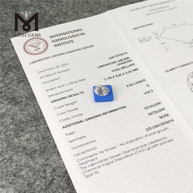 3.24CT OV D VVS2 CVD lab iaspis pretium Lupum fecit LG613376316丨Messigems