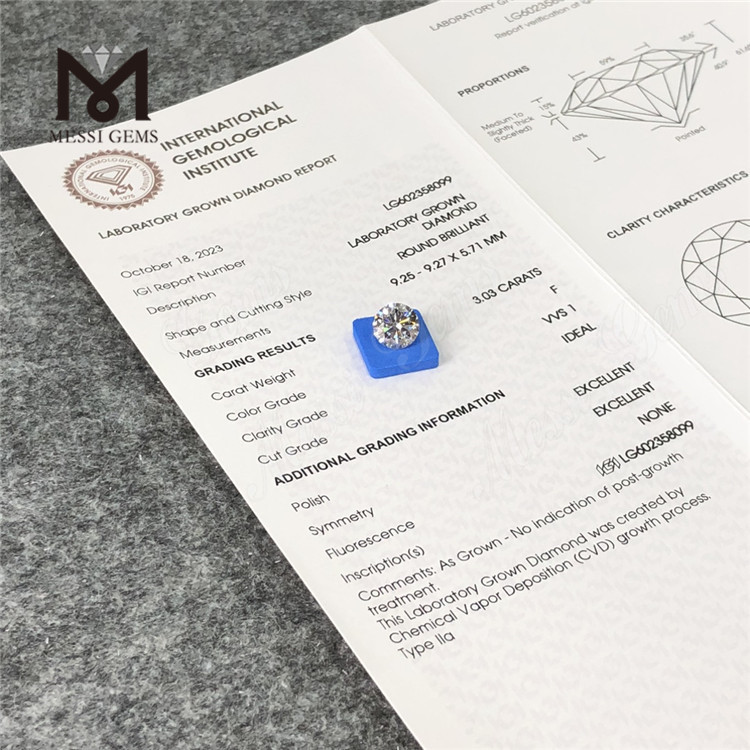 3.03CT F VVS1 ID EX EX CVD Lab Diamond Diamond ornatum LG602358099丨Messigems