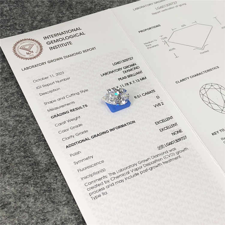 9.51ct D VVS2 Pirum CVD CVD solveris crevit Diamond LG601309727 