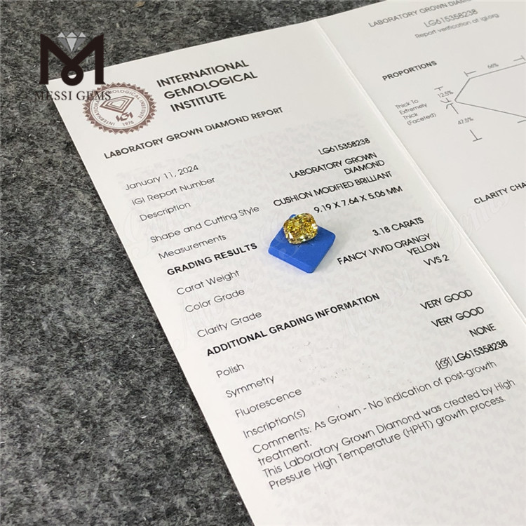 3.18ct VVS2 Cushion Umbra ORANANGY Yellow solutam crevit Diamond Pectus LG615358238