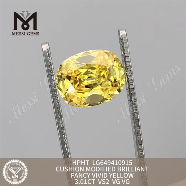 3.01CT Cushion Umbra Vivid Yellow VS2 homo est Diamons HPHT LG649410915 