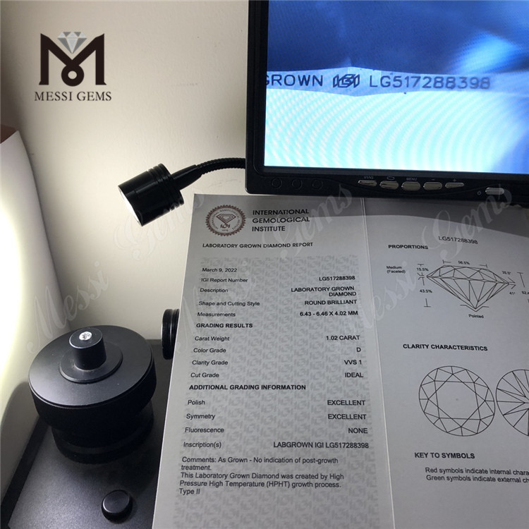 1.01Ct D VS1 3EX Round Cut HPHT Lab Grown Diamond