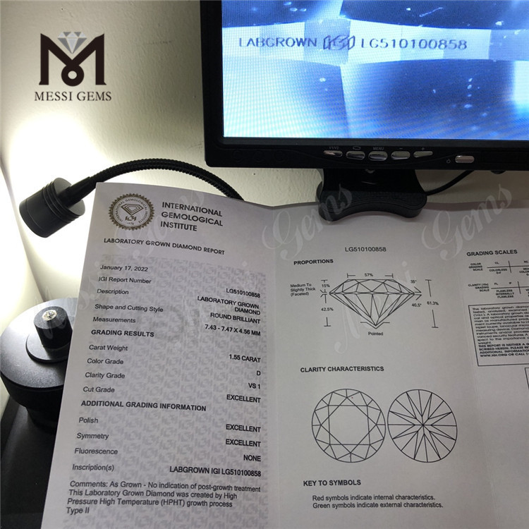 1.55ct D VVS solutam HPHT Lab Diamond Sale Rotundus Figura 3ex Lab Diamond Sale
