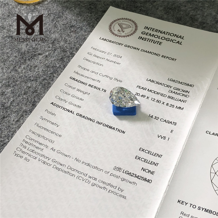 14.32CT PEAR E VVS1 CVD 14ct lab diamond onsale丨Messigems LG623425840 