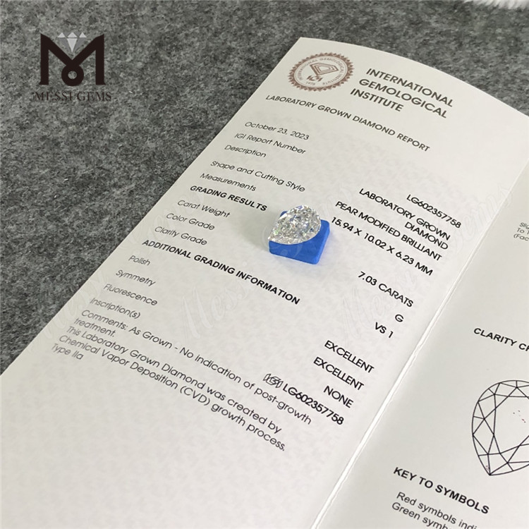 7.03CT G VS1 PEAR IGI Certified Diamond Diamonds .