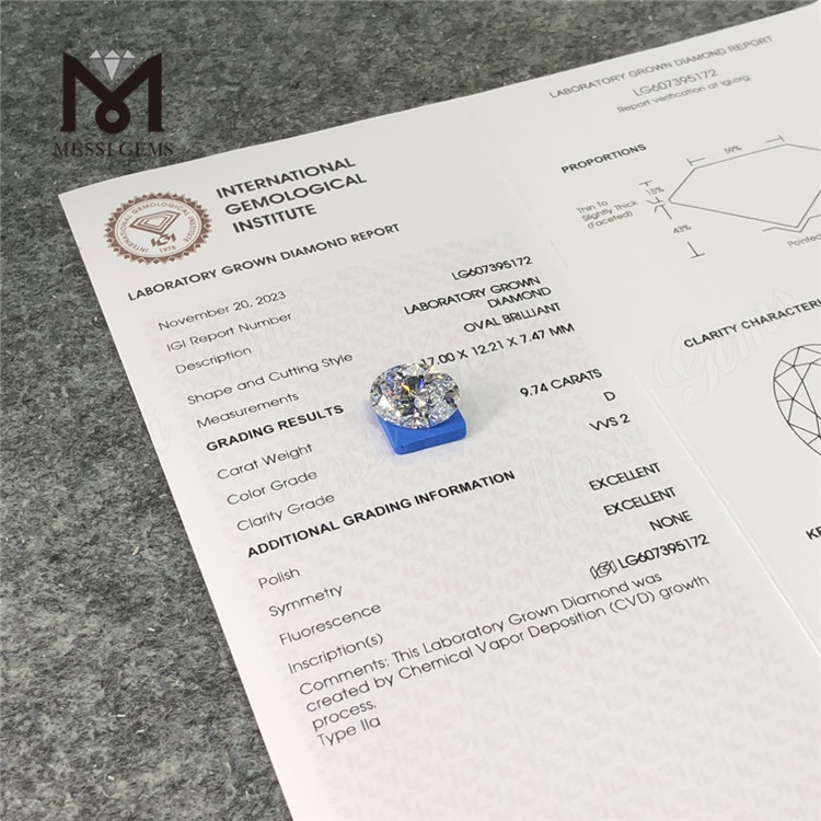 9.74CT D VVS2 OV magnae lab adamantibus CVD LG607395172 creatum est.