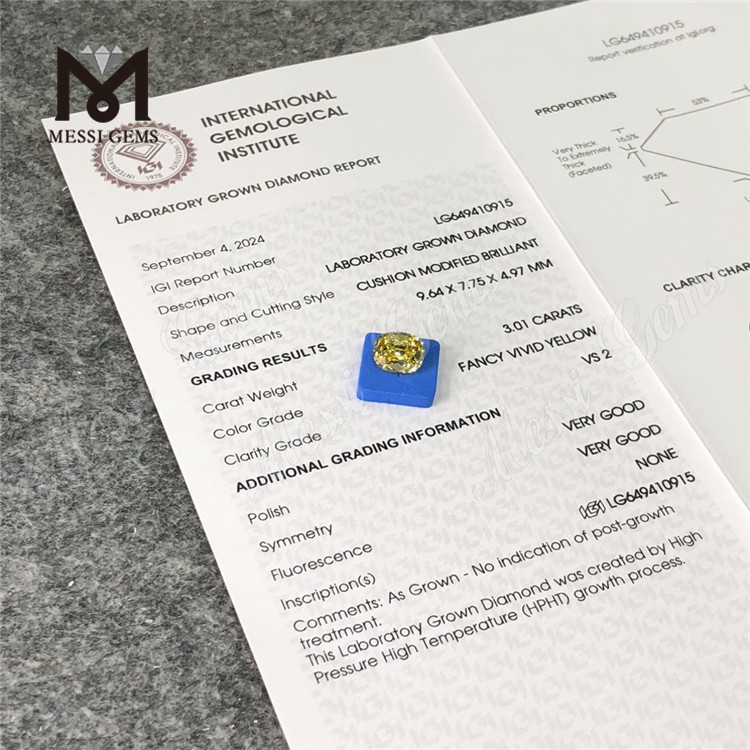 3.01CT Cushion Umbra Vivid Yellow VS2 homo est Diamons HPHT LG649410915 