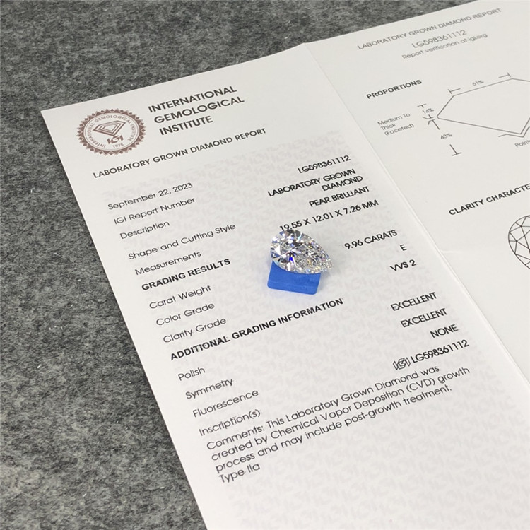 9.96CT PEAR Figura E VVS2 CVD Solvite Diamond Pectus LG598361112丨