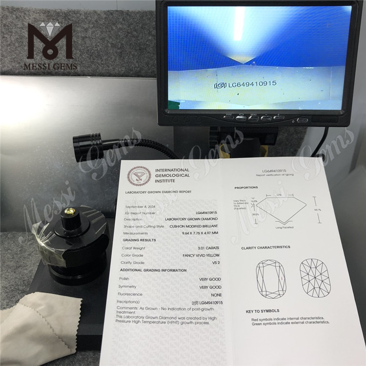 3.01CT Cushion Umbra Vivid Yellow VS2 homo est Diamons HPHT LG649410915 