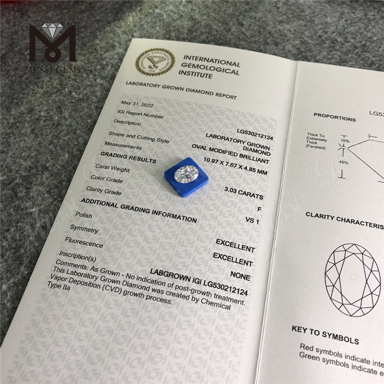 3.03ct F VS1 OVAL CVD Lab Partum Diamond IGI Certificate 