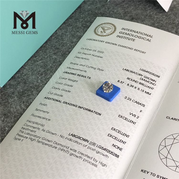2.23CT F VVS2 3EX lab adamantibus adamantibus circum Cut HPHT adamantibus