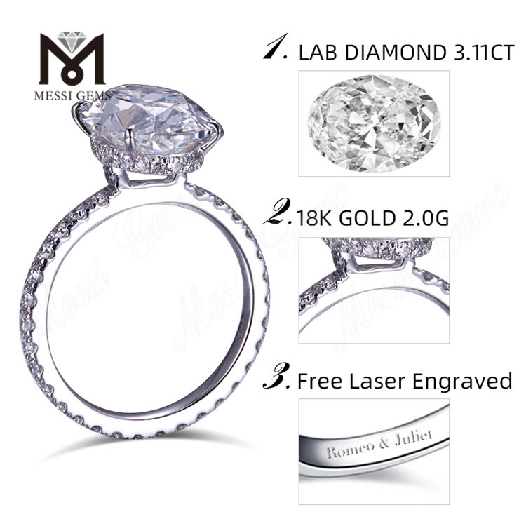 3.11ct Annulus ovalis Engagement 18k aurum 2g lab crevit annulus adamantinus