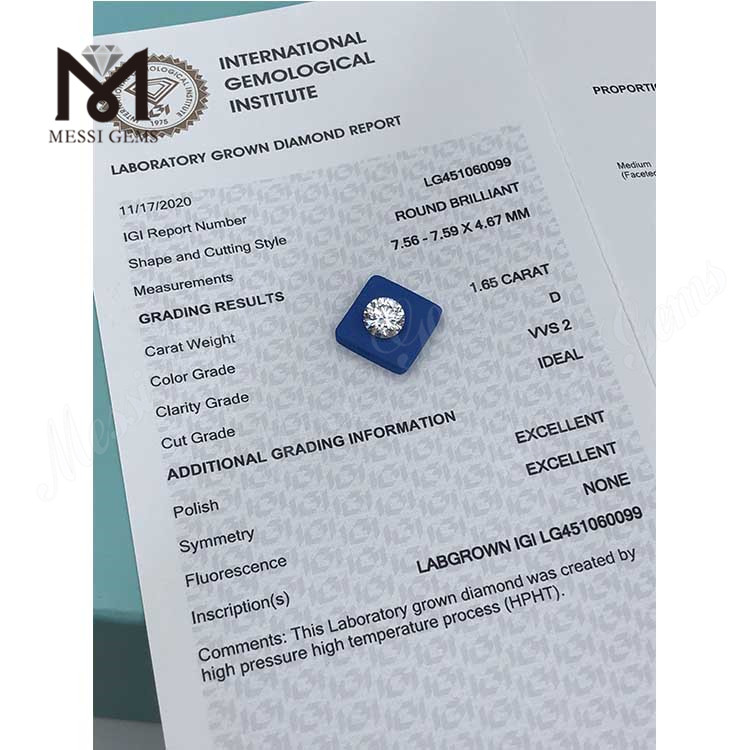1.65 carat D VVS2 SPECIMEN Cut Round lab adamantibus HPHT