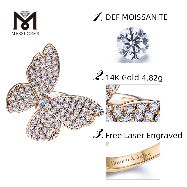 14K 18K Papilio moissanite anulo aureo D lapide moissanito pro mulieribus