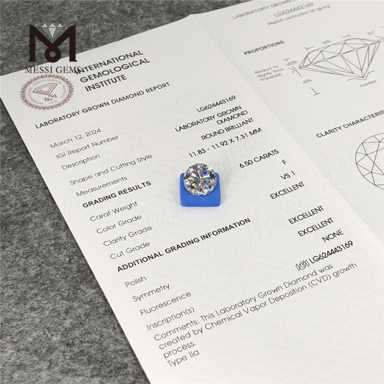 6.50CT F VS1 3EX CVD Round solve fabricatum Diamond LG624443169丨Messigems