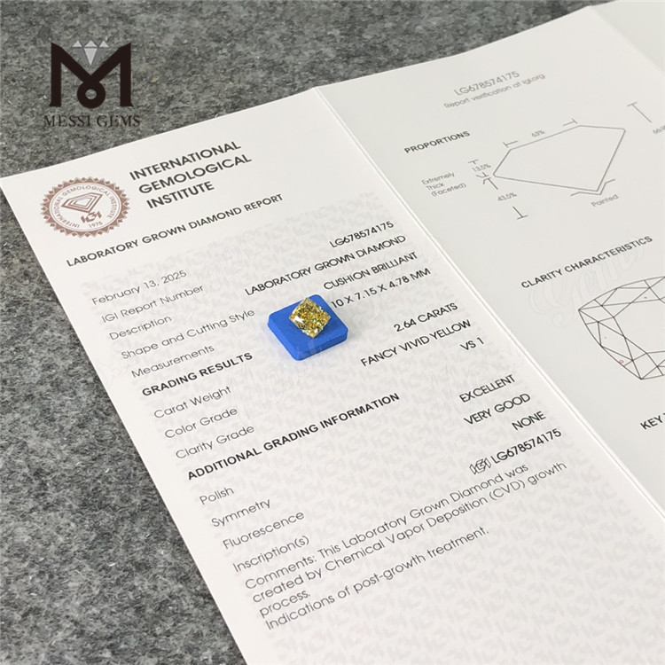 2.64ct Cushion Laboratory crevit Diamonds Umbra Vidi Yellow VG VG CVD LG678574175